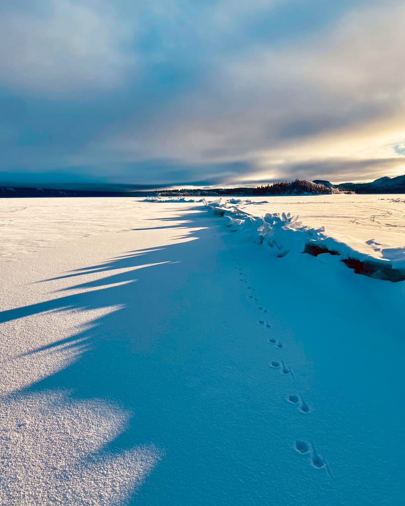 Footprints on a snow covered lake