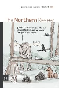 Cover of the Northern Review number 55 | 2024, featuring a cartoon by Amanda Graham where a group of forest animals are gathered and a moose says &quot;I really think we should tag one of those scientists and see where they go in the winter.&quot;